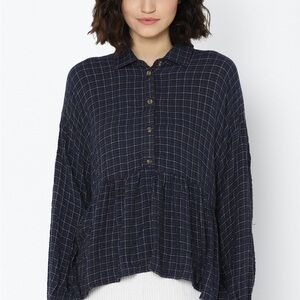American Eagle Women Navy Plaid Flannel Babydoll Shirt Medium
